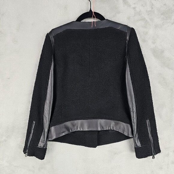 Club Monaco Motorcycle Jacket Womens 00 Black Wool Boucle Lambskin Leather Trim - Picture 2 of 8